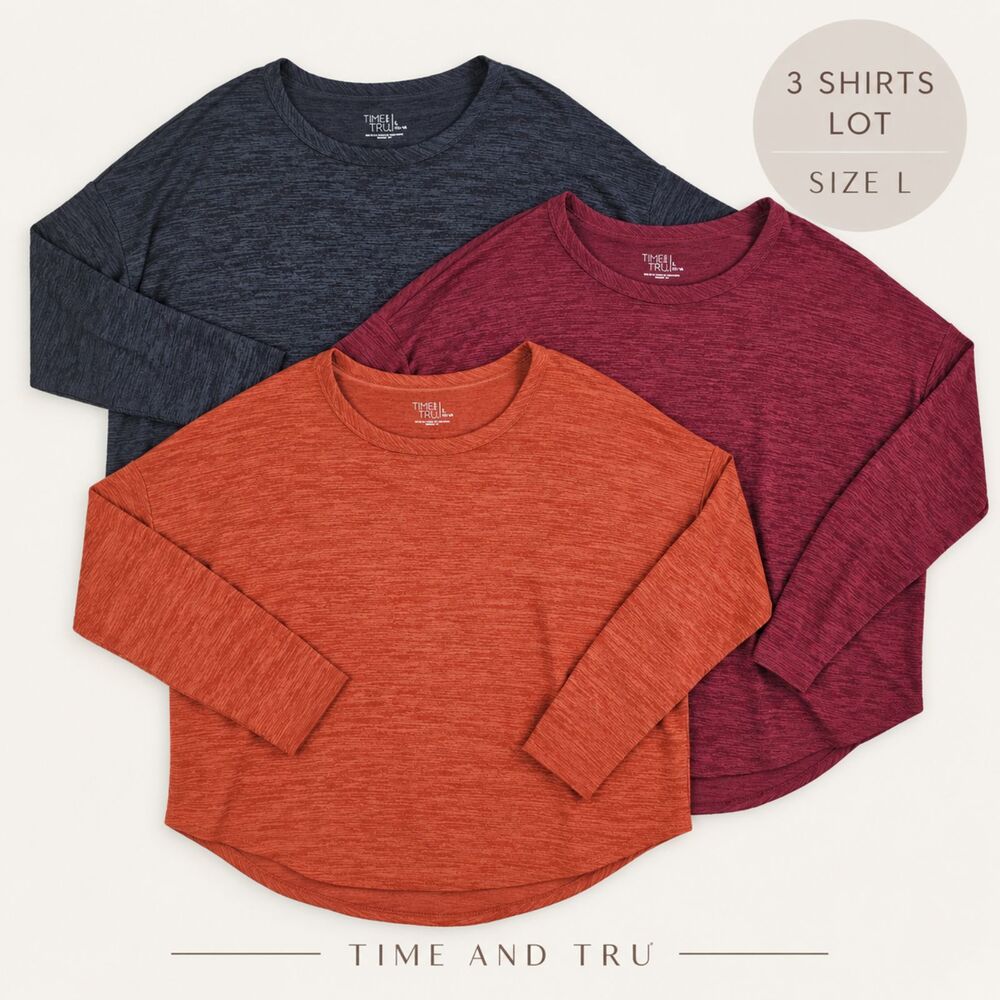 Time and Tru Women’s L Long Sleeve Tops 3pc Lot Burgundy Rust Charcoal Relaxed